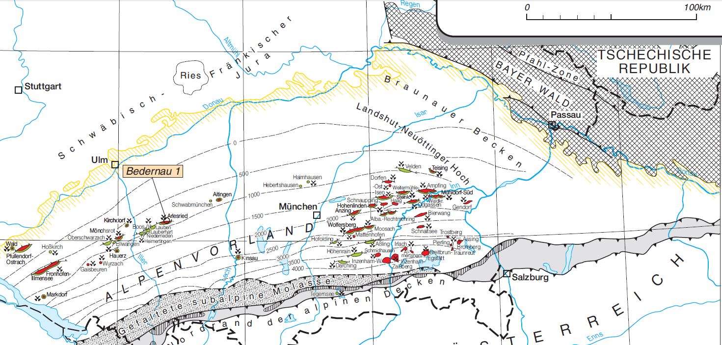 Erdöl-Erdgasfelder im deutschen Alpenvorland, markiert ist die Bohrung "Bedernau 1" Quelle:      Erdöl und Erdgas in der Bundesrepublik Deutschland 2013