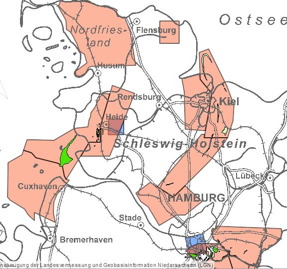 Erteilte Aufsuchungserlaubnisse für Kohlenwasserstoffe (rote Flächen) in Schleswig-Holstein, Quelle: NIBIS-Kartenserver des LBEG