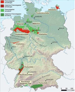 Gebiete mit Schiefergas-/öl und möglichem Schiefergas-/öl - Potenzial in Deutschland. Quelle: